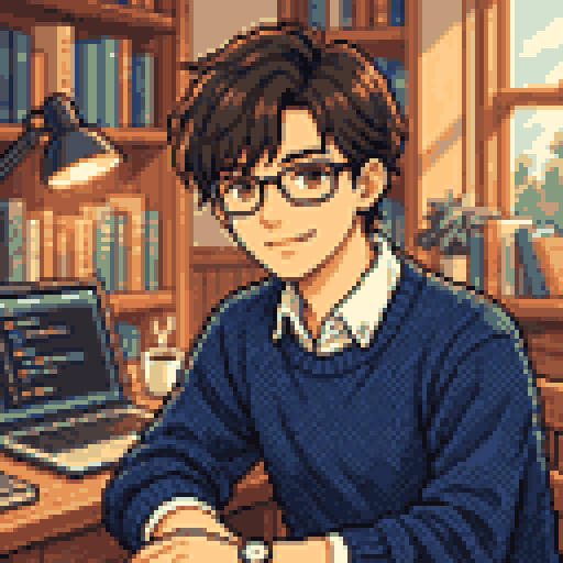 Pixel-art portrait of Lifan in a coding study