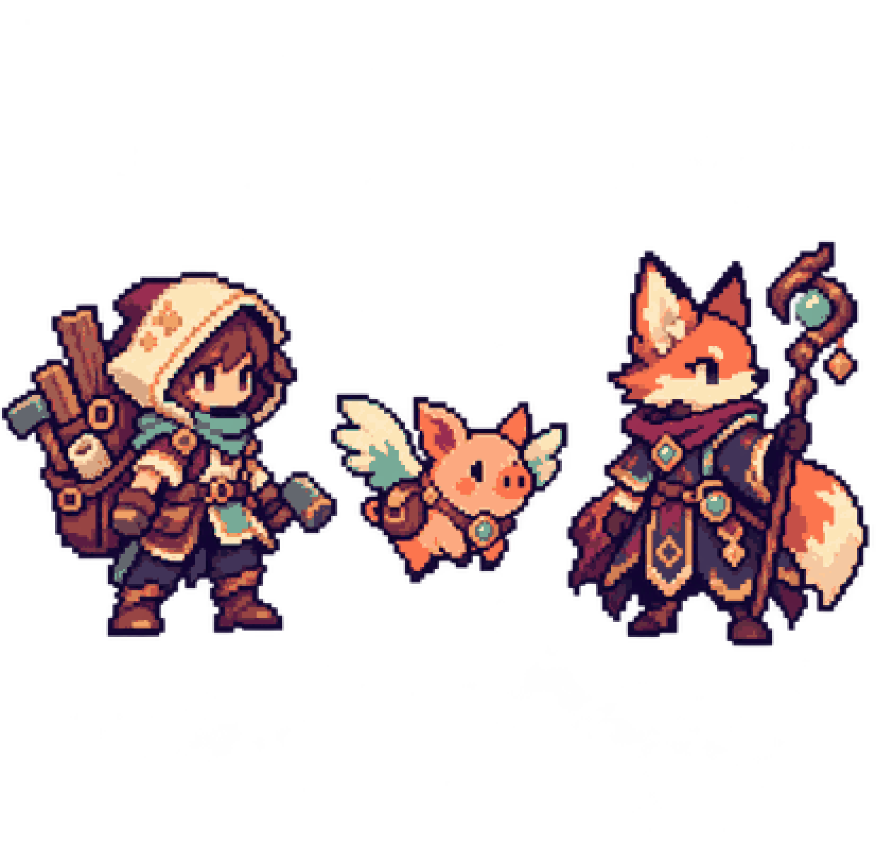 Pixel-art party: a builder adventurer, flying pig familiar, and fox rune mage